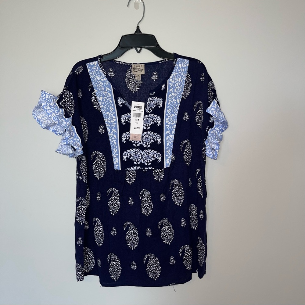 NEW Navy Blue Paisley Blouse with Ruffle Sleeves Women’s Medium